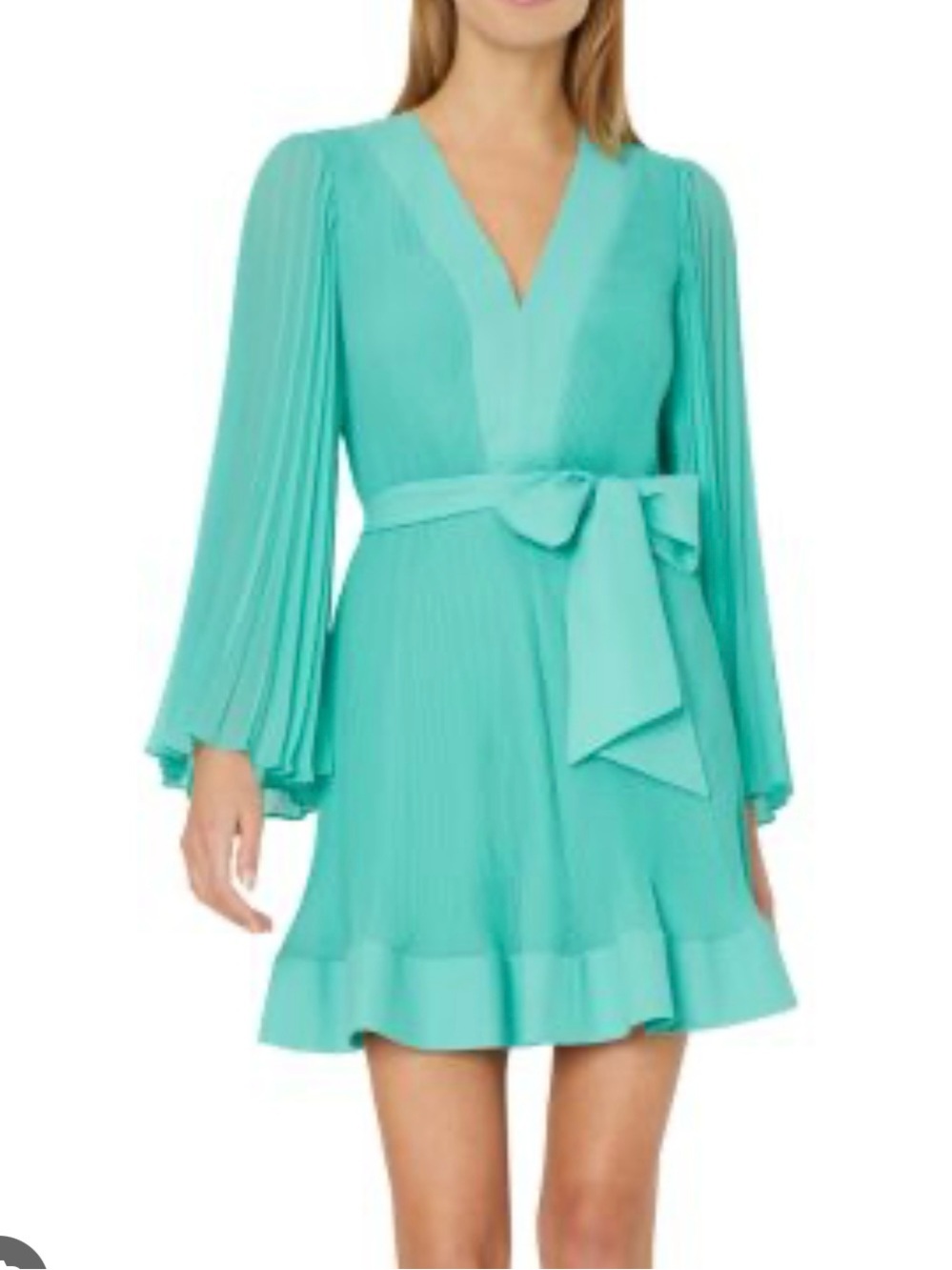 MILLY Pleated V-Neck Tie-Waist Mini Dress
